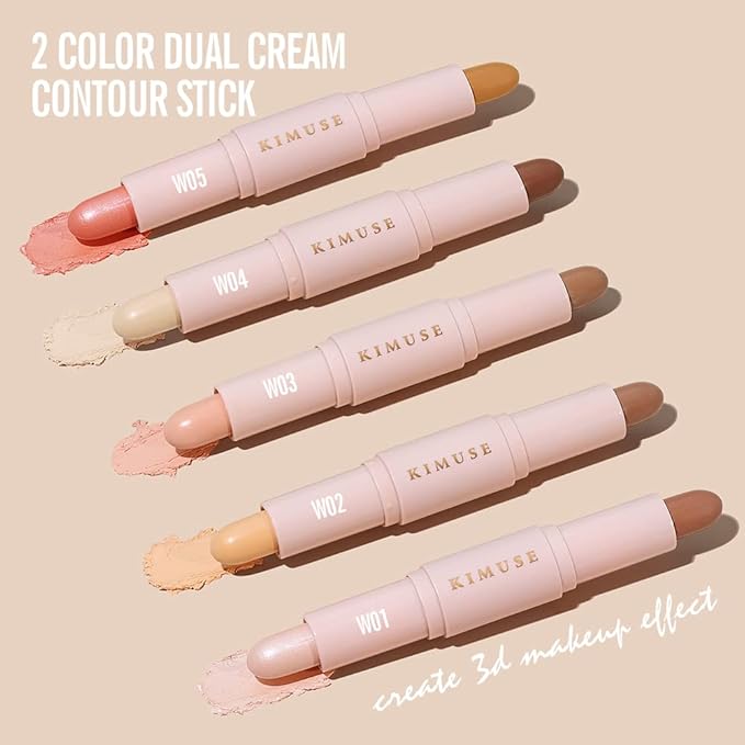 KIMUSE 2 Color Dual Cream Contour Stick, Highlight & Contour Bronzer Stick, Long Lasting & Waterproof Contour Sticks Kit for Light Skin Face Makeup