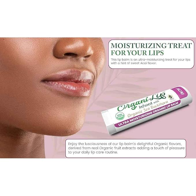 Organic Lip Balm, Acai Flavor, Ultra Hydrating Lip Moisturizer for Cracked or Dry Lips, Infused With Organic Sea Buckthorn, Oval Shaped Tube, USDA Certified Organic, 1 Pack