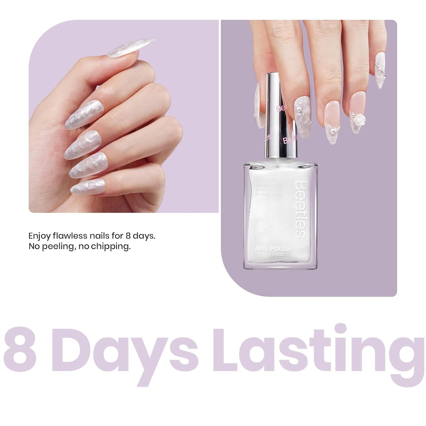 Beetles 2 in 1 Nail Strengthener Polish 1Pcs 15ml Pearl White Nail Polish-Fast Drying & Long Lasting Nail Polish Pearlescent Sheen Nail Lacquer Shimmer Art Effect for Nail Salon-Quality Results