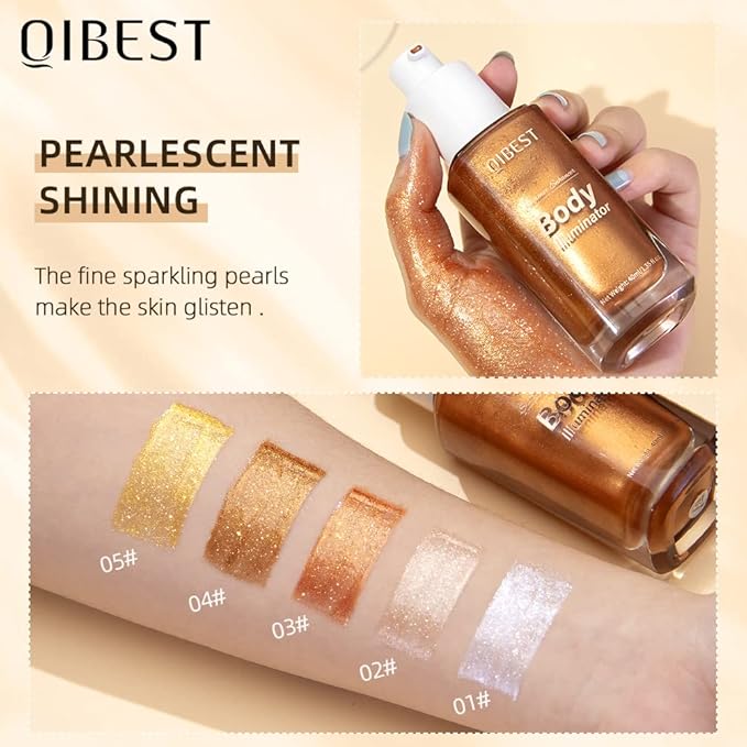 40ml Body Shimmer Oil,Face and Body Liquid Luminizer,Smooth Body Shimmer Oil For Sunshine Bath, Waterproof Moisturizing Light Shimmer Glow Illuminator,Liquid Highlighter Makeup,Makeup Brush Include (5#-Gold)