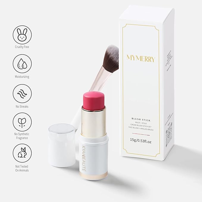 Blush Stick, Cream Blush for Cheeks and Lip Tint, Dewy Finish, Buildable & Blendable Color, Lightweight & Long-Lasting Formula | Forelsket-Cool Pink & Angled Blush Brush(0.53fl.oz)
