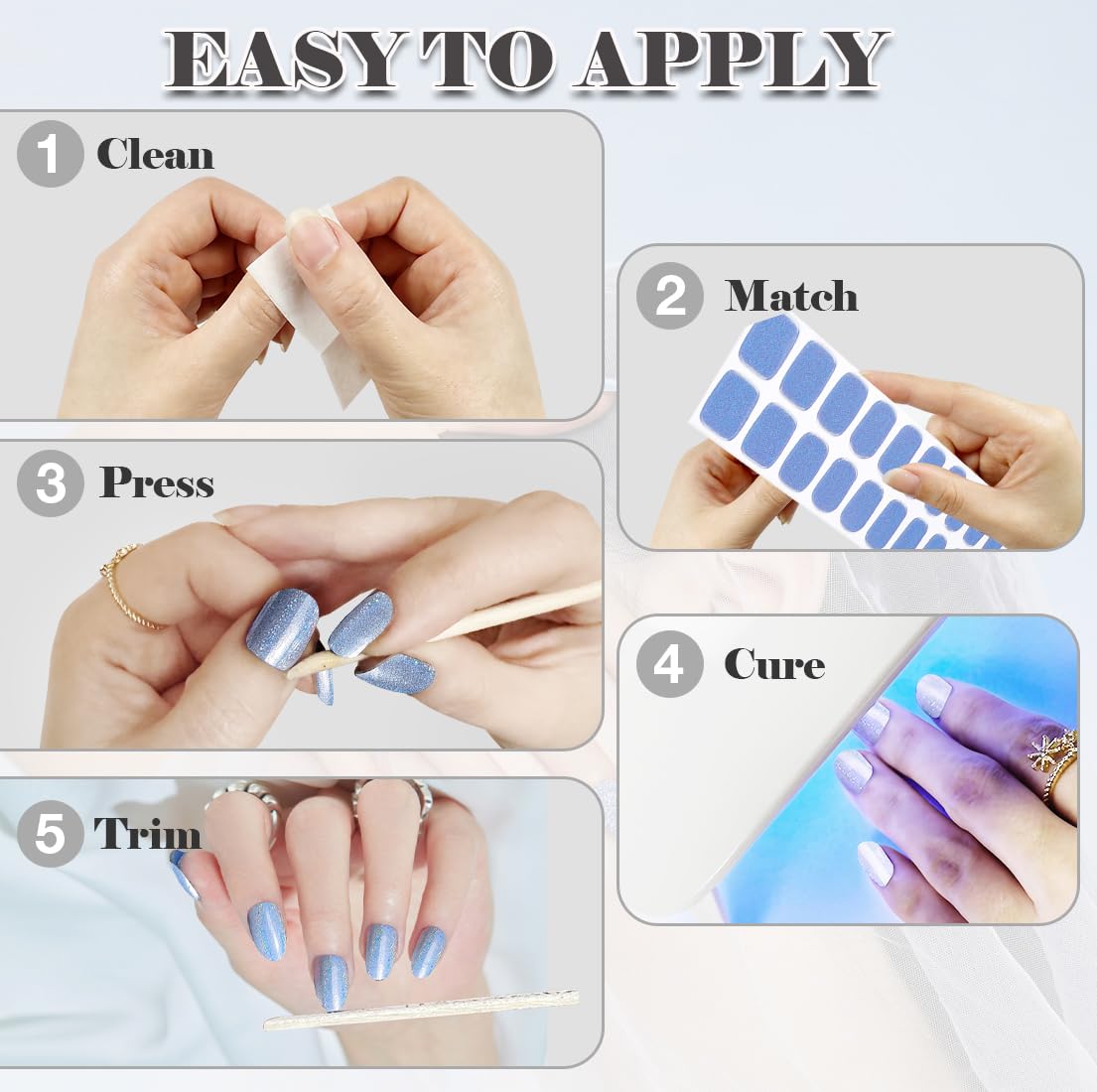 Semi Cured Gel Nail Strips, 20 pcs Gel Nail Wraps, Salon-Quality, 2 Weeks Long Lasting