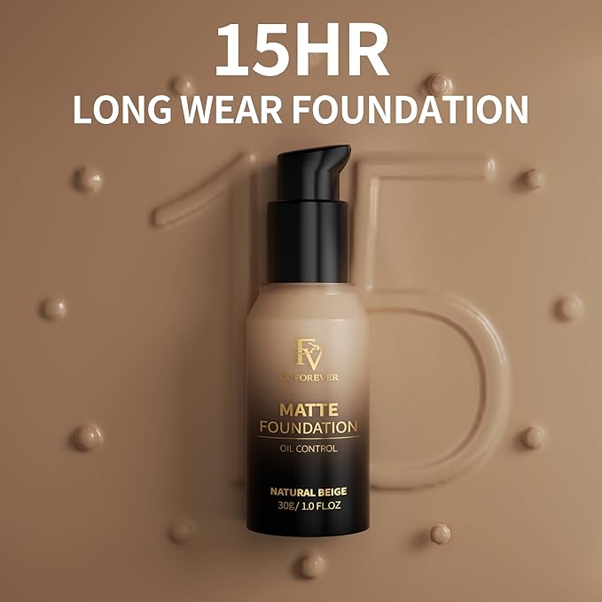 FV Full Coverage Liquid Foundation, Lightweight & Concealing, Long Lasting Matte Foundation Makeup with Flawless Finish, Oil Control Waterproof Foundation for Oily Skin (Natural Beige Matte)