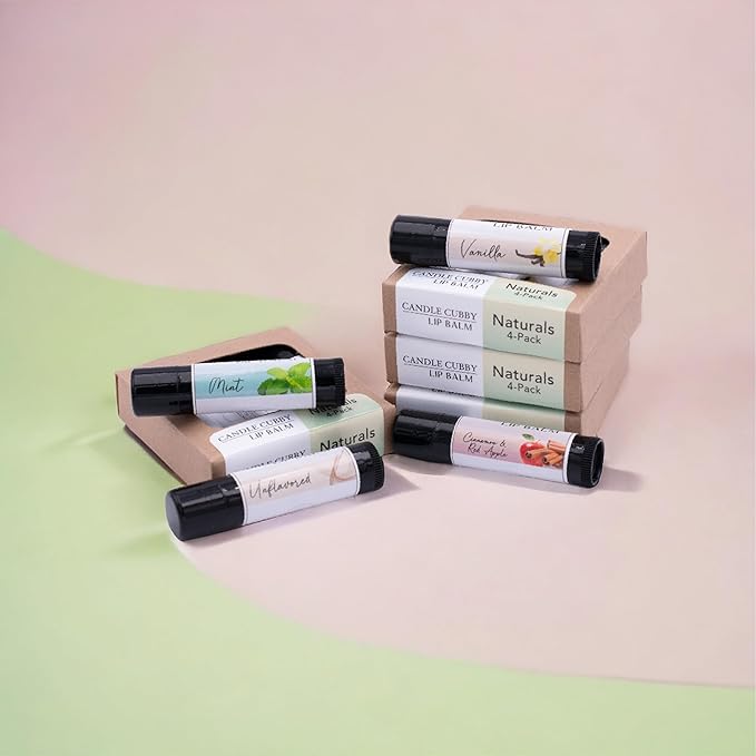 Lip Balm Naturals 4-Pack, Mint Vanilla Cinnamon Red Apple Unflavored, Natural Beeswax, Moisturizing Lip Treatment, 4 Tubes, 0.15 oz., White