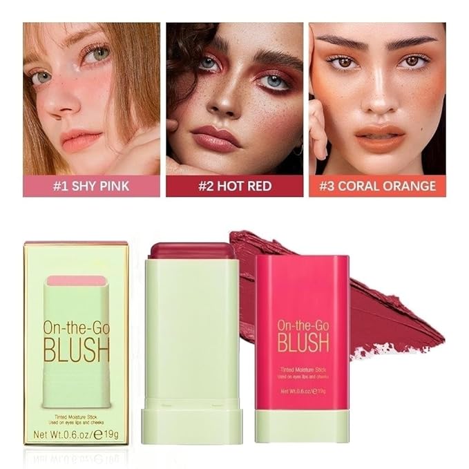 On-the-Go Makeup Blush Stick Tinted Moisture Stick, Shadow Lips Cheek Blusher Creamy Makeup Long Lasting Natural Nude Makeup for All Skin (3PC)