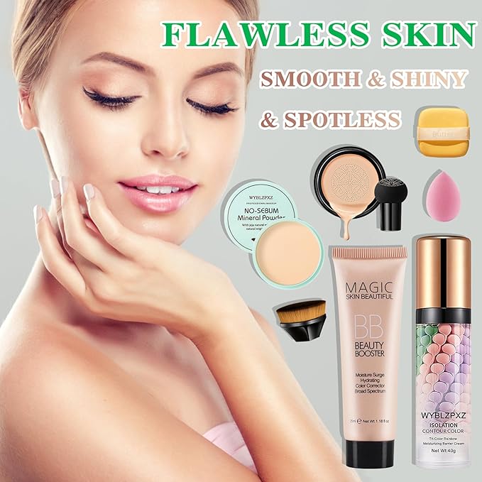 Mushroom Head Air Cushion CC Cream + BB Cream + Tri-color Color Corrector Isolation Cream Foundation Set Moisturizing Full Coverage Foundation Concealer Lasting Foundation Makeup Base Primer(7 Pcs)