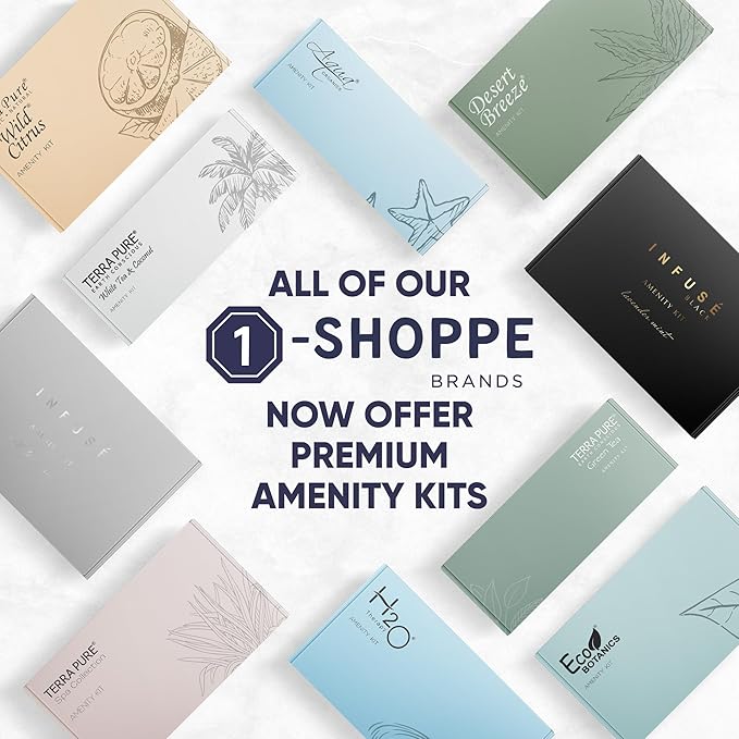 Eco Botanics Amenity Kit | Boxed Hotel Toiletries | Bulk Set 0.85 oz Travel Size Shampoo, Conditioner, Lotion, Body Wash & Body Bar Soap for Guest Hospitality AirBnB/Vacation Rentals | 1 set per case
