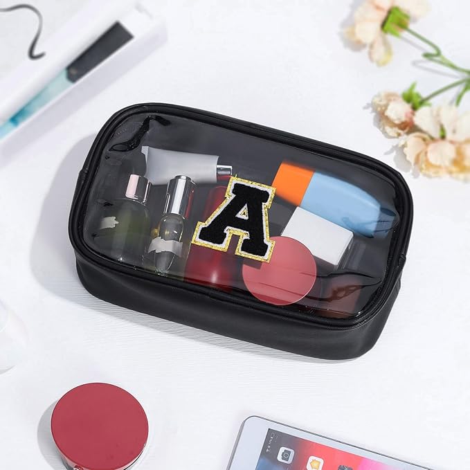 YOOLIFE Initial Make Up Bag Travel Toiletry Bag for Women, Clear Makeup Bag Organizer Cosmetic Bags Travel Essentials Gifts for Women Teen Girlfriend Teacher Mom Birthday Mothers Day Gifts Black I