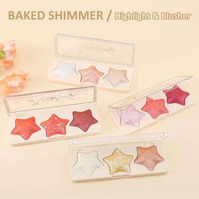 Boobeen 3 Colors Baked Shimmer Highlight & Blush Palette, Powder Palette Facial Bronzers Illuminator Makeup Palette, Lightweight Highlighter Blusher Contour for Cheeks, Lasting Natural Glowing