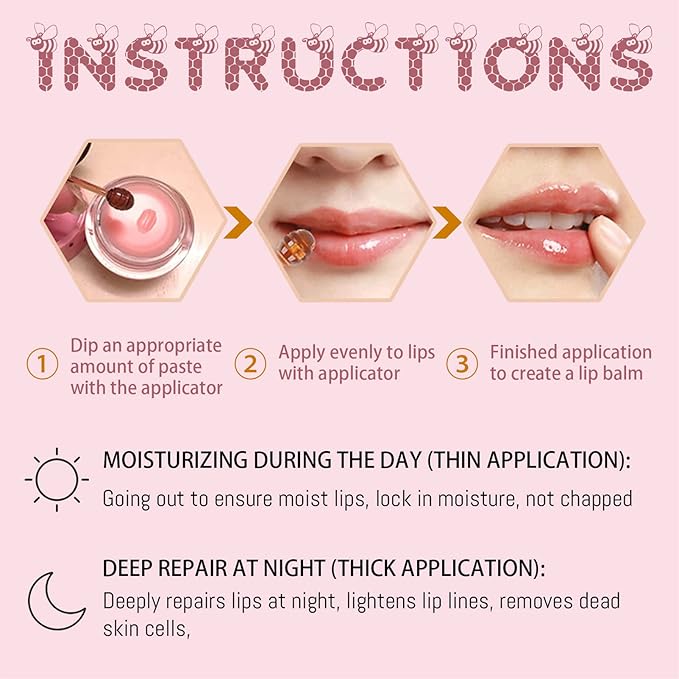 2PCS Lip Balm Honey Pot, Honey Pot Lip Balm for Dry Cracked Lips, Strawberry Lip Balm Scrubs Exfoliator & Moisturizer, Hydrating Lip Balm Honey Pot with Wand, Lip Sleeping Mask (B)