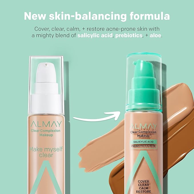 Almay Clear Complexion Acne Foundation Makeup with Salicylic Acid - Lightweight, Medium Coverage, Hypoallergenic, Fragrance-Free, for Sensitive Skin, 710 Natural Tan, 1 fl oz.