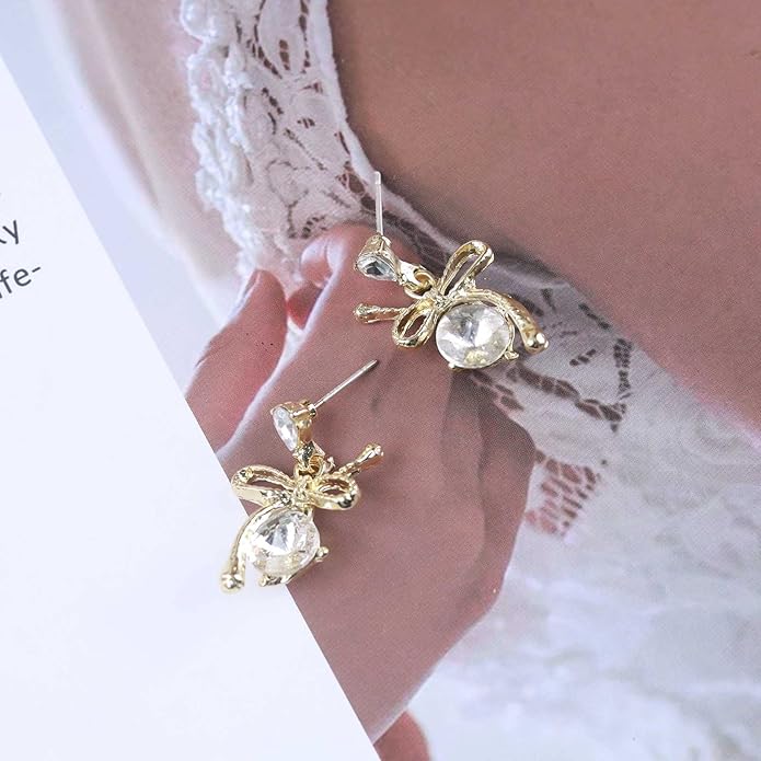 Vintage Rhinestone Bow Drop Earrings Gold Teardrop Crystal Earrings Round Cut Stud Earrings Bow Crystal Bridal Earrings Jewelry for Women