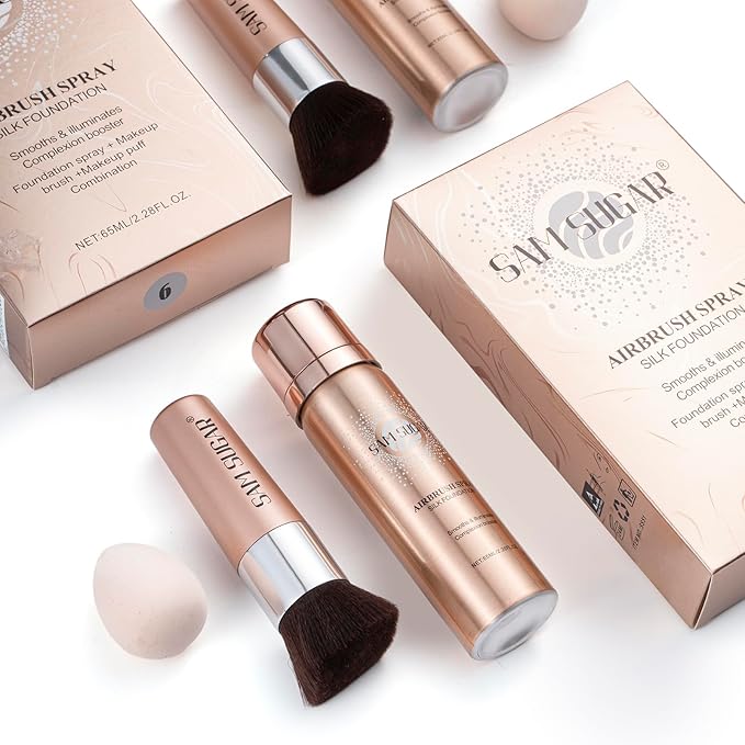 AirBrush Foundation Spray Set, Spray Foundation Makeup and Hydrating Face Primer Kit, Longwear Waterproof Liquid Matte Foundation Mist for Flawless Look, Brush and Sponge Include (#4 Warm Beige)