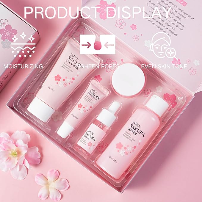 Sakura Skin Care Set, Women Gift Sets, Skin Care Kit with Cleanser, Toner, Serum, Eye Cream, Face Cream, Skin Care Routine Kit for Women, Even Skin Tone, Tighten & Firm Skin
