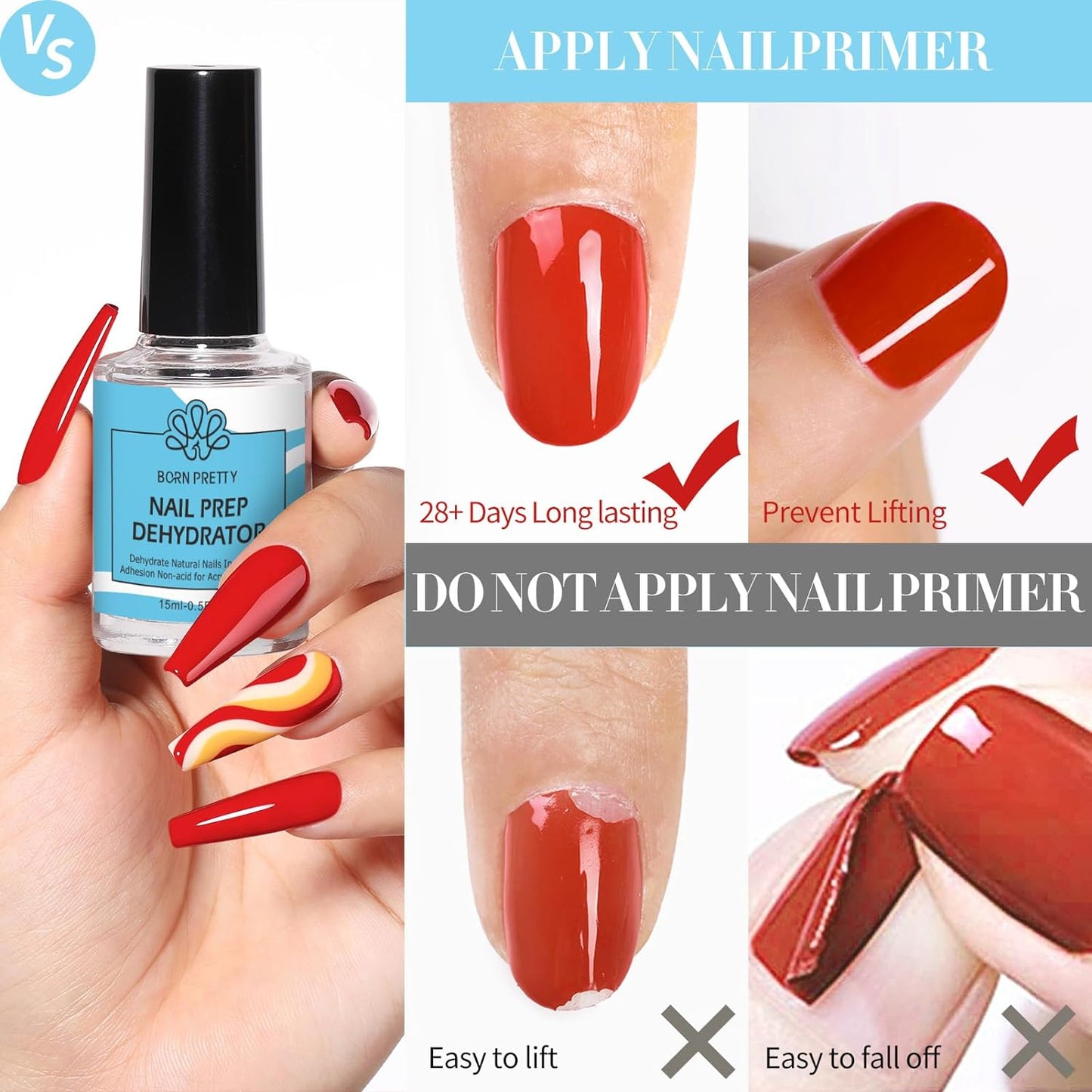 BORN PRETTY Natural Nail Prep Dehydrate and Bond Primer Acid-Free,15ml Dehydrator for Acrylic and Gel Nail Polish, Non Acid Primer for UV Gels Fast Dry Superior Bonding Agent Gift Box Set