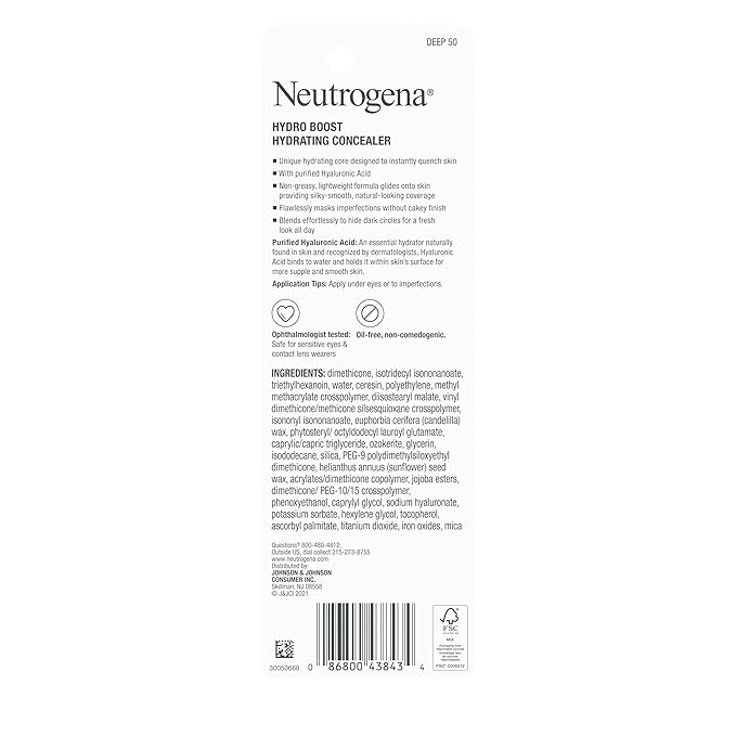 Neutrogena Hydro Boost Hydrating Concealer Stick for Dry Skin, Oil-Free, Lightweight, Non-Greasy and Non-Comedogenic Cover-Up Makeup with Hyaluronic Acid, 50 Deep, 0.12 Oz