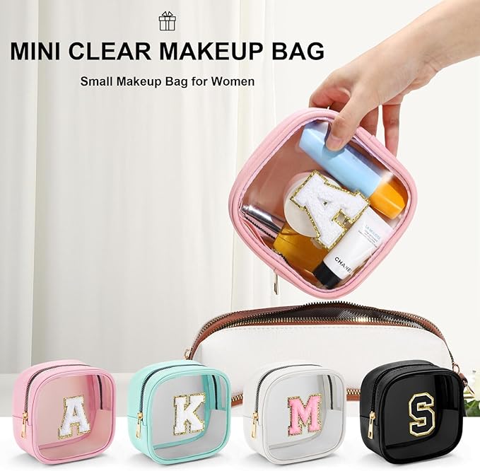 YOOLIFE Initial Makeup Bag Travel Toiletry Bag, Clear Makeup Bag Car Accessories For Women Clear Makeup Bags With Zipper Girlfriend Teacher 13 Year Old Girl Gifts Daughter Girl Gifts Mini Black F