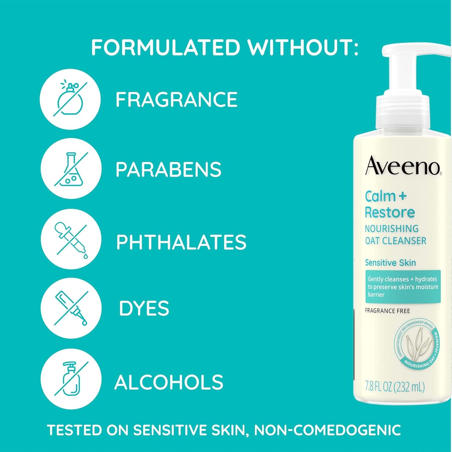 Aveeno Calm + Restore Nourishing Oat Face Cleanser for Sensitive Skin, Gentle Milky Cleanser with Nourishing Oat & Feverfew, to Preserve Skin's Moisture Barrier, Fragrance-Free, 7.8 fl. oz
