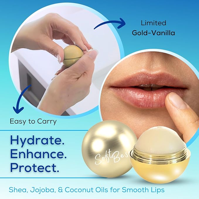 SoftBeso Lip Balm| Gold-Vanilla Flavor| Vegan Lip Care|Clean Ingredients | Lip Balm for Beautiful, Soft Lips | Hydrating & Nourishing Lip Care Products | Premium Lip Balm Ball