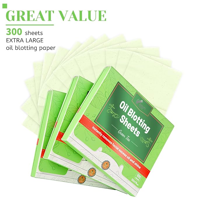 Oil Blotting Sheets for Face - Green Tea,26% Larger,3pk/300 Natural Blotting Paper for Oily Skin,Makeup Friendly Oil Absorbing Sheets,Easy To Grab One