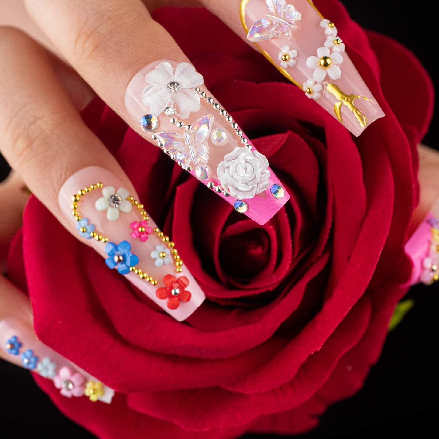 Mixed 3D Nail Art Gem Decoration Accessories Kit #3, Butterfly Starry AB Rhinestone Charm Jewelry for Deco, Pearl Flower Caviar Bead Stone Crystal with Dual-End Brush and Tweezer