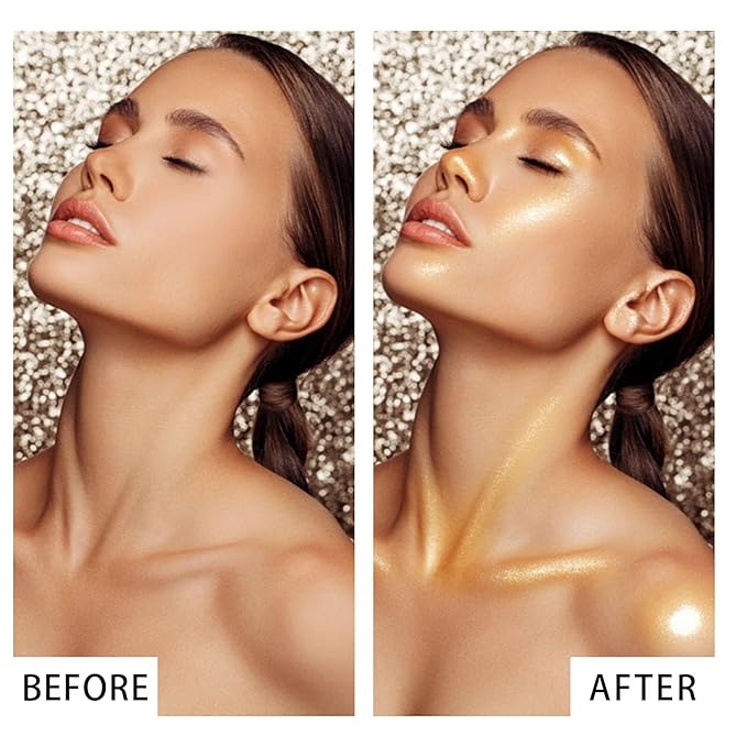 Shimmer Body Oil, Face and Body Liquid Luminizer Waterproof Moisturizing, Light Shimmer Glow Illuminator, Smooth Body Highlighter Makeup Liquid Body Shimmer (2# Gold)