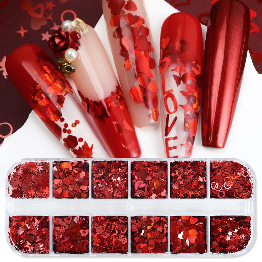 Valentine’s Day Glitter Nail Art Sequins 3D Laser Red Heart Glitters Nail Decals,Holographic Love Heart Letters Butterfly Stars Circle Nail Art Supplies for Women Manicure Charms Decorations 12 Grids