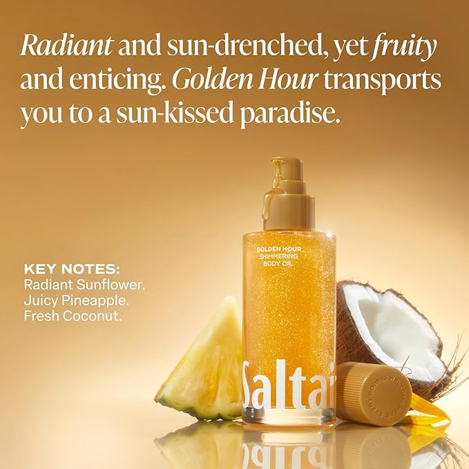 Saltair Shimmering Body Oil - Golden Hour Scented Dry Oil Moisturizer with Light-Reflecting Pearl Pigments. Moisturizing Glow for All Skin Types - 4 Fl Oz