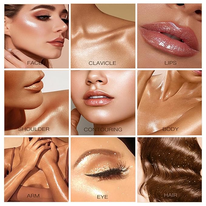 Shimmer Body Oil-Golden Brown Face Brighten Pearl Highlighter Liquid Illuminator Body Glow Oil,4 Color Bronze Makeup Glitter Body Shimmer Oil with Makeup Brush