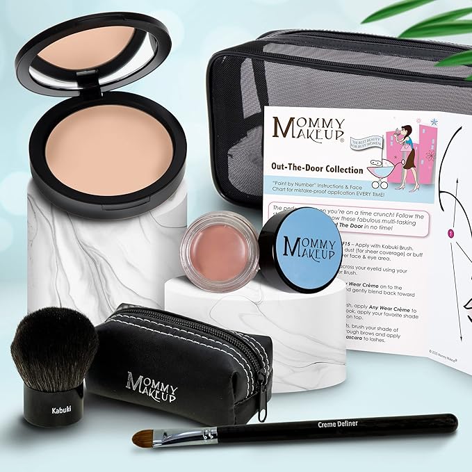 Out The Door Collection | Talc-free 5-piece Mineral Makeup Set | DUE DATE (Medium) - For medium complexions + ANNA - A matte warm rosy beige