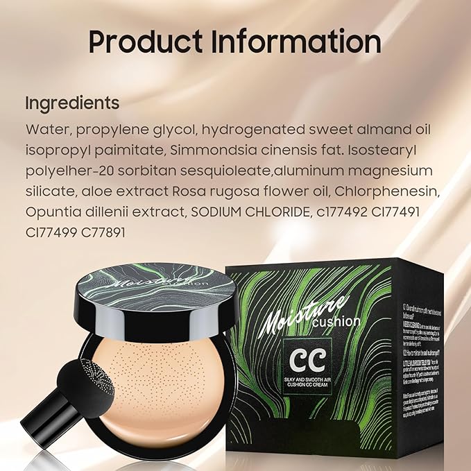 Air Cushion CC Cream Foundation - Mushroom Head BB Creams, Long Lasting Concealing Brightening, Moisturizer Face Cream,Facial Skin Care Makeup For All Skin Types (Medium Deep)