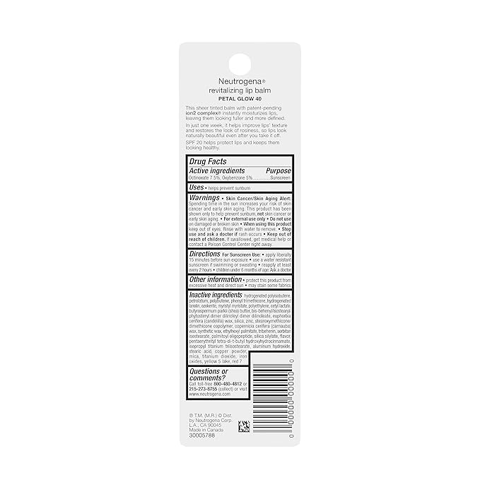 Neutrogena Revitalizing and Moisturizing Tinted Lip Balm with Sun Protective Broad Spectrum SPF 20 Sunscreen, Lip Soothing Balm with a Sheer Tint in Color Petal Glow 40, 15 oz (Pack of 2)