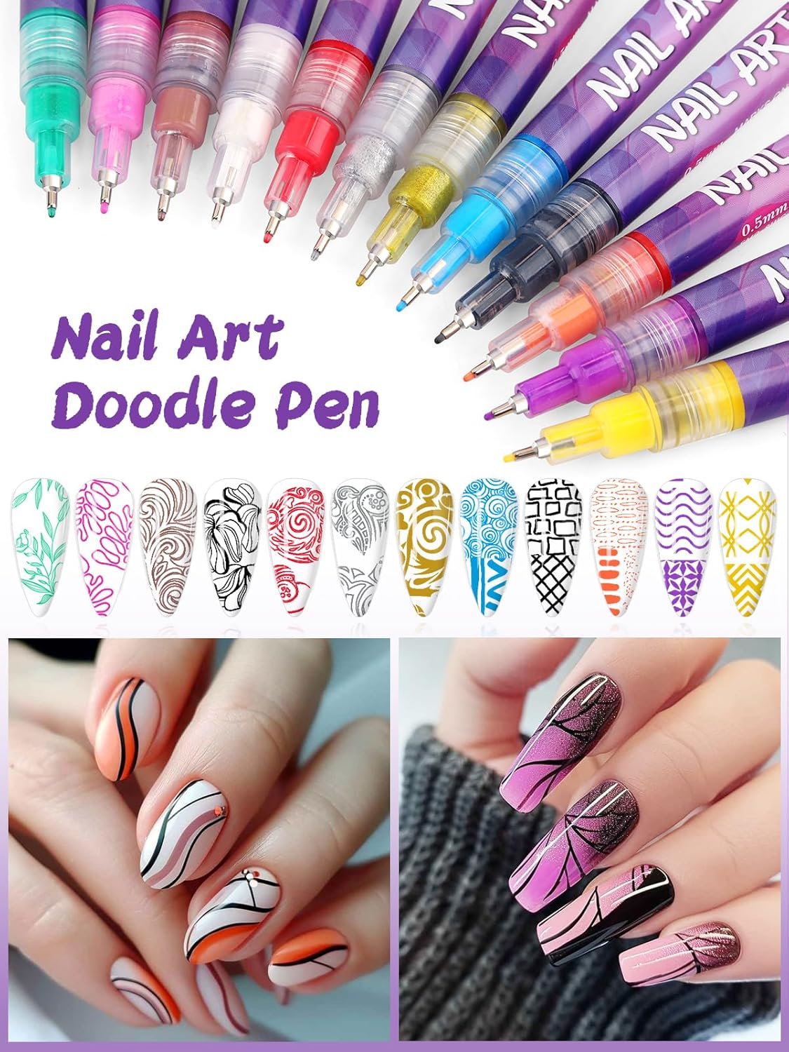 12 Color Acrylic paint pen Set, Kalolary Nail Polish Pens Nail Point Graffiti Dotting Pen Drawing Painting Liner Brush for DIY Nail Art Beauty Adorn Manicure Tools