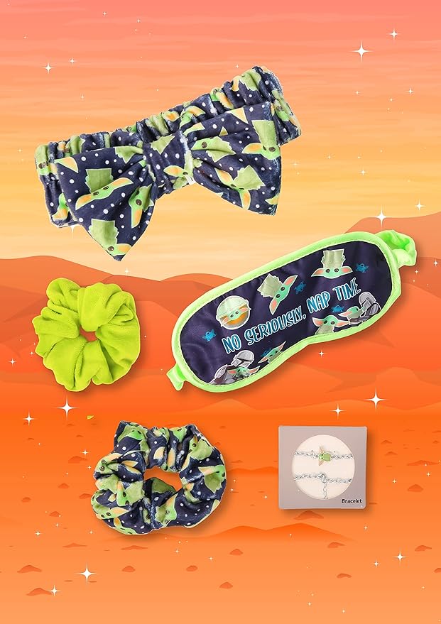 Disney Stars Wars The Mandalorian Gift Set Featuring Grogu - Girls Spa Set includes Pouch, Sleep Mask, Hair Scrunchies, Spa Headband, and Bracelet - Star Wars Gifts