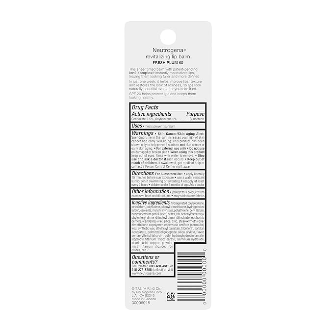 Neutrogena Revitalizing and Moisturizing Tinted Lip Balm with Sun Protective Broad Spectrum SPF 20 Sunscreen, Lip Soothing Balm with a Sheer Tint in Color Fresh Plum 60,.15 oz (Pack of 2)