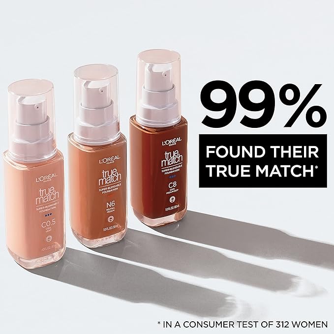 L'Oreal Paris True Match Super-Blendable Foundation, Medium Coverage Liquid Foundation Makeup, C2, Light, 1 Fl Oz