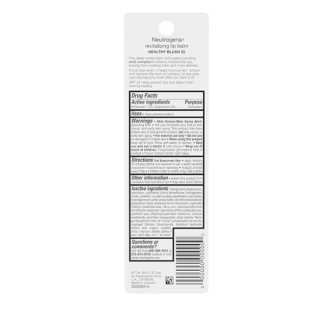 Neutrogena Revitalizing and Moisturizing Tinted Lip Balm with Sun Protective Broad Spectrum SPF 20 Sunscreen, Lip Soothing Balm with a Sheer Tint in Color Healthy Blush 20, 15 oz (Pack of 2)