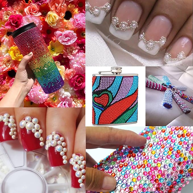 Flat Back Rhinestone+Half Round Pearl Kits Colorful Rhinestones+White AB&Beige AB Pearls With Quick Dry Makeup Glue+Picker Pencil+Tweezer For Nail Art And Face Make-up