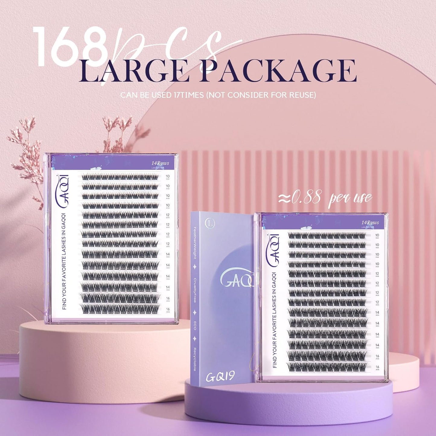 GAQQI Lash Clusters, GQ03 False Eyelashes DIY Lash Extensions D Curl 168PCS Cluster Lashes 14MM, Wispy and Natural Look (GQ03,14mm,D Curl)