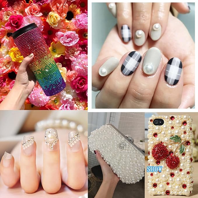Flat Back Rhinestone+Half Round Pearl Kits Colorful Rhinestones+White&Beige Pearls With Quick Dry Makeup Glue+Picker Pencil+Tweezer For Nail Art And Face Make-up