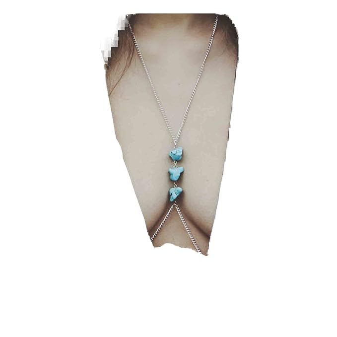 Boho Turquoise Bra Slave Chain Silver Bikini Bra Chain Sexy Harness Bra Necklace Summer Beach Body Chain Jewelry for Women and Girls