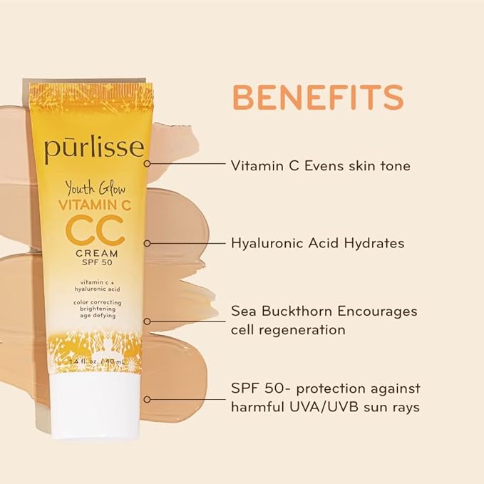 pūrlisse Youth Glow Vitamin C CC Cream SPF 50: Cruelty-Free & Clean, Paraben & Sulfate-Free, Full Coverage, Hydrates with Hyaluronic Acid | Fair 1.4oz