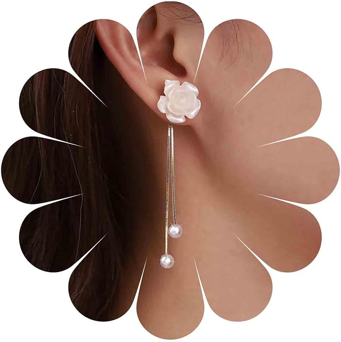 Vintage Flower Pearl Drop Earrings Long Tassel Pearl Earrings White Camellia Stud Earring Gold Pearl Chain Dangle Earrings Jewelry for Women