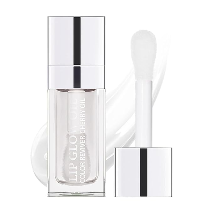 Hydrating Lip Glow Oil, Lip Oil Gloss Transparent Toot Tinted Nourishing Long Lasting Repairing Lightening Lip Lines (CLEAR) 0.2 OZ