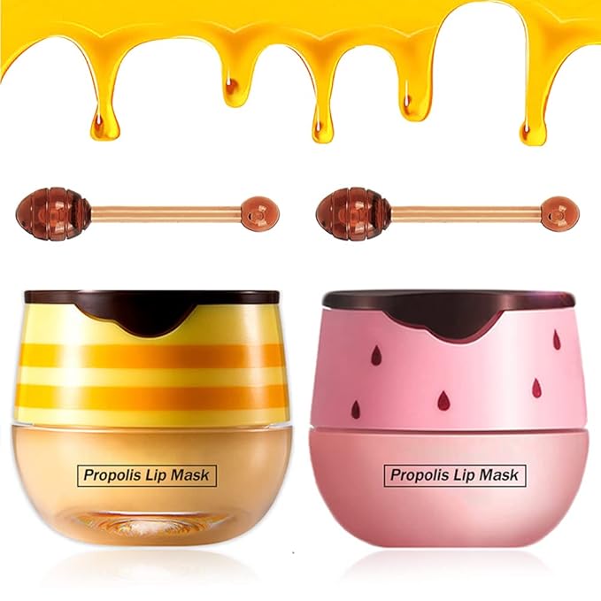 2PCS Bee Balm Lip Balm Honey Pot & Strawberry Sleeping Lip Mask, Propolis Moisturizing Honey Lip Mask Lip Balm, Hydrating & Prevention Dry and Cracked Lip Scrubs Exfoliator, Winter Lip Care Products