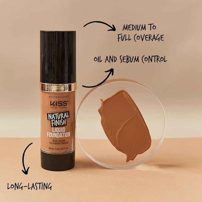 Kiss New York Professional Liquid Foundation - Lightweight and Hydrating Formula, Natural Finish, Control Shine, Cover Pores, Medium to Full Coverage, Green Tea Extract (Cognac)