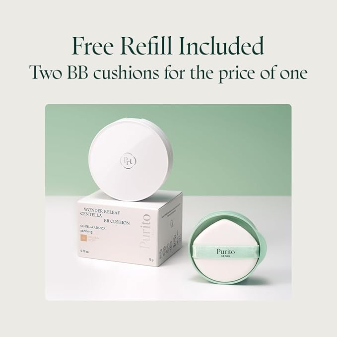 PURITO SEOUL Wonder Releaf Centella BB Cushion #23 Natural Beige, Foundation, Korean Centella, Makeup Long Lasting, Flawless Coverage, K-Beauty, 15g, 0.52 fl.oz