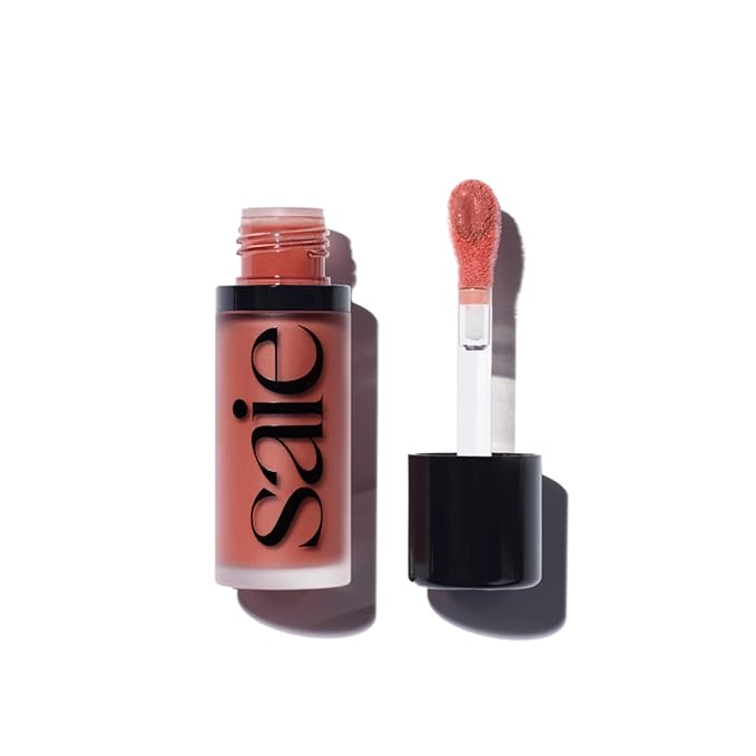 Saie Dew Blush - Lightweight Liquid Blush with a Blendable + Buildable Cream Finish - Dewy Cheek Tint with Doe Foot Wand Makeup Applicator - Warm Dusty Rose - Cutie (.40 oz)