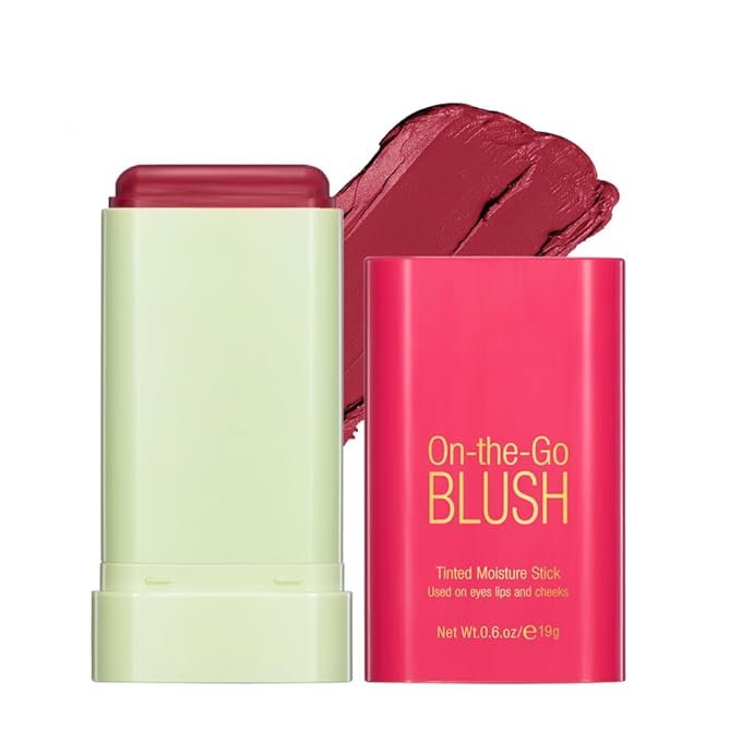 Soft Creamy Blush Stick,On-the-Go Blush,2-in-1 Cheek and Lip Tint,Waterproof Hydrating Solid Natural Moisture Smooth Blendable Matte Finish Face Blush Makeup,02 hot red