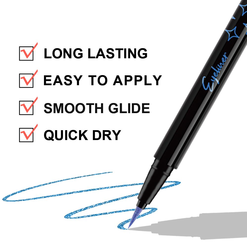 Dark Blue Metallic Glitter Liquid Eyeliner Pen – Long-Lasting Sparkly Waterproof Eyeliner for Women & Men – Tattoo-Effect Eye Makeup for Parties – Delineador Líquido con Brillo 04